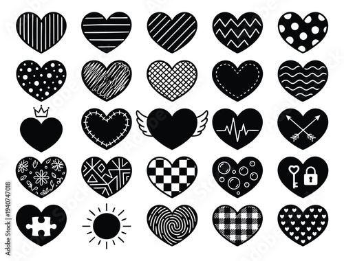 Silhouette icon set of 25 decorative hearts featuring patterns and textures for love and romance design