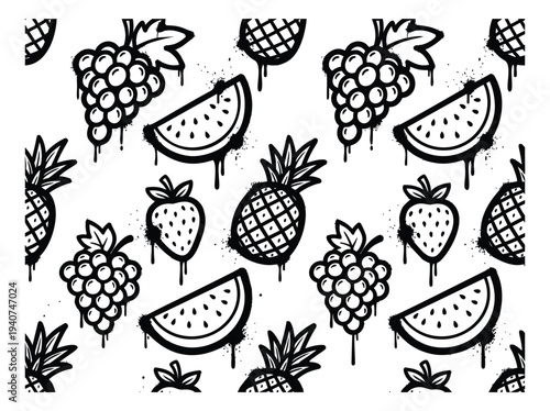 Graffiti style seamless pattern featuring dripping fruit icons with spray paint texture for urban design