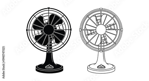Two vintage electric fans a black and white illustration silhouette