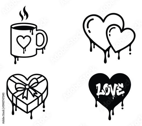 Outline icon set of 4 dripping love symbols featuring coffee mug, hearts, gift box and graffiti typography for valentines design