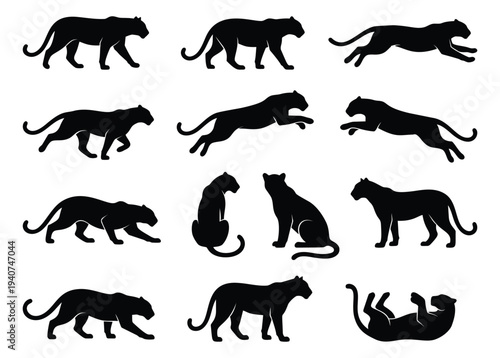 Silhouette icon set of 12 featuring cheetah poses depicting movement and wild behavior for wildlife design