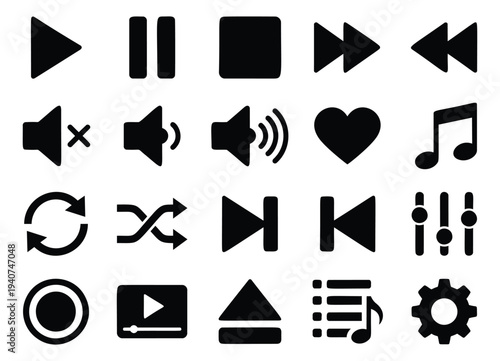 Flat icon set of 20 media player controls featuring playback, audio and settings symbols for user interface design