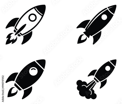 Silhouette icon set of 4 rocket launch symbols featuring spacecraft with flames and porthole windows for startup and space design