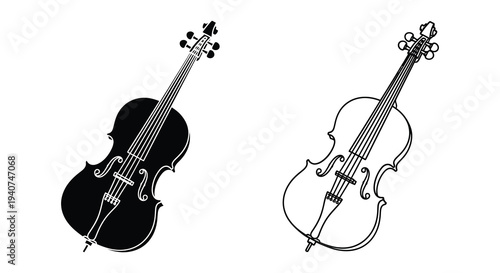 Two violin illustrations presented in a contrasting black and white silhouette
