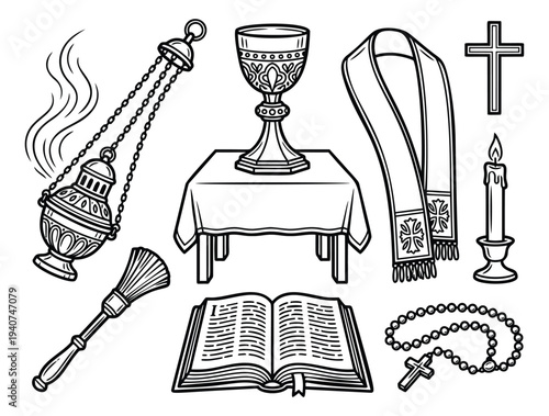 Line art icon set of 8 catholic religious symbols featuring chalice, rosary and liturgical items for church design