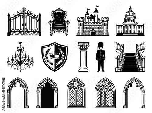 Silhouette icon set of featuring royal palace elements and ornate architecture for luxury design