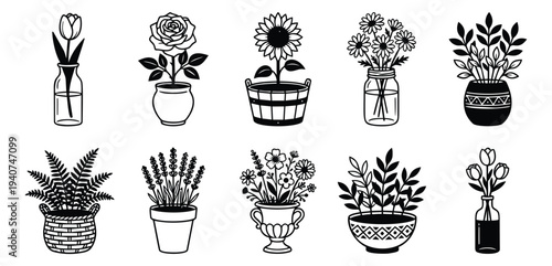 Line art icon set of 10 potted plants featuring flowers, ferns and botanicals for interior and gardening design