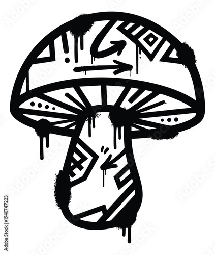 Graffiti illustration of psychedelic mushroom depicting urban street art with dripping paint effect for alternative design