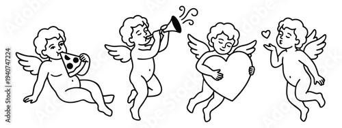 Outline icon set of 4 featuring cherub angels with musical instruments for romantic design