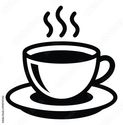 Bold silhouette illustration of steaming coffee cup depicting hot beverage on saucer for cafe and restaurant design