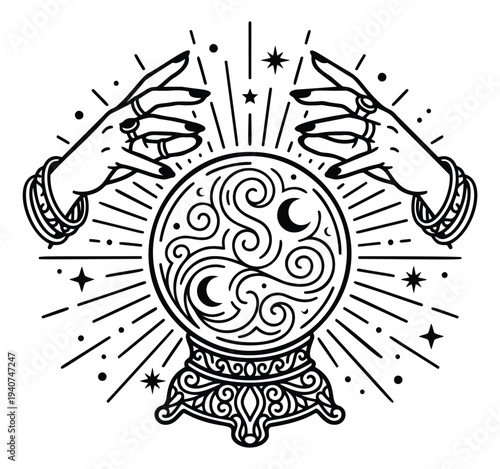 Line art illustration of mystical crystal ball with decorative hands depicting fortune telling for spiritual and esoteric design
