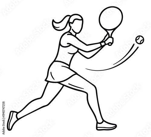 Outline illustration of female tennis player depicting dynamic action pose for sports and fitness design