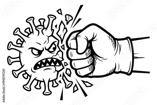 Cartoon illustration of fist punching coronavirus depicting fight against pandemic for health awareness design