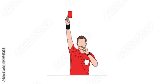 A male soccer referee, dressed in a red shirt, stands with his right arm raised, holding a bright red card, while his left hand is near his mouth, against a white background.