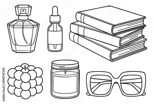 Outline icon set of 6 lifestyle objects featuring perfume, books and accessories for modern design