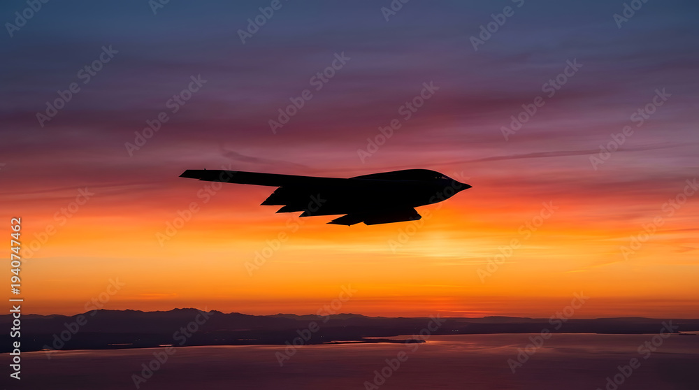 Naklejka premium Stealth Bomber Silhouetted Against a Vibrant Sunset
