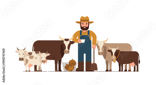 A bearded farmer, wearing a hat and overalls, stands holding a cup and a broom, surrounded by five cows of various colors, with a basket of eggs and pumpkins nearby.