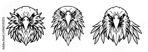 Eagle head set with symmetrical line art design featuring predatory bird style, modern aesthetic, bold lines with animal illustration and graphic element