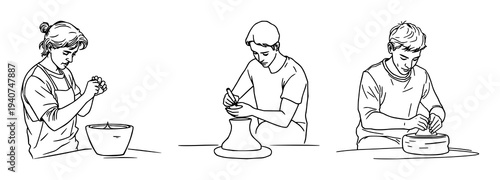 Sculptor set with continuous line drawing of a person sculpting clay featuring hand, wrist, sculpture with minimalist style and black stroke