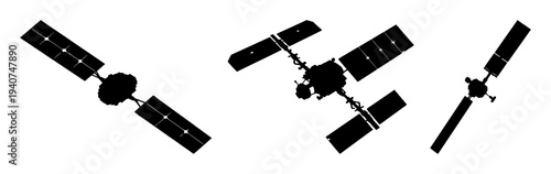 Orbital satellite set with solid black silhouette design featuring solar wings, space exploration and technology with white background and futuristic elements
