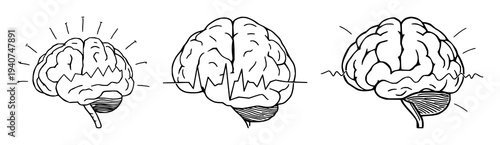 Brain set with continuous line drawing of a minimalist brain with electrical pulses, cognitive enhancement theme featuring thin line, white background and illustration vector