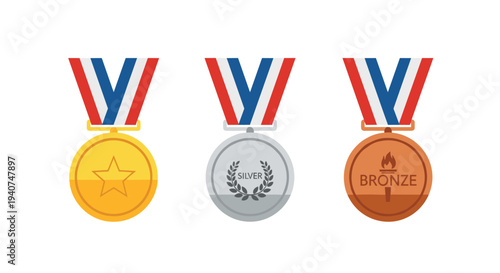 Three distinct Olympic-style medals, featuring gold, silver, and bronze finishes, are individually suspended by patriotic striped ribbons against a clean white background.