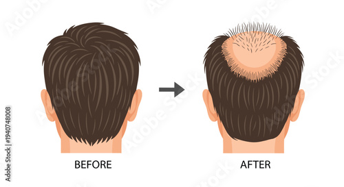 Two male heads, depicted from the back, are shown on a white background with an arrow, illustrating a BEFORE state of full hair and an AFTER state of significant hair thinning.