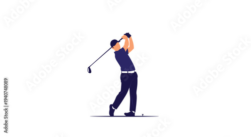 A male golfer, dressed in a blue shirt and dark pants, is depicted mid-swing with a golf club, having just hit a ball from a tee on a white background.