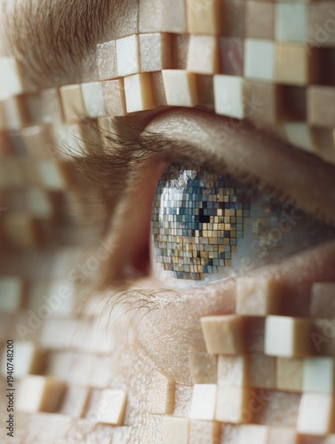 Pixelated Eye Dissolving on One Side Shows Effects of Screen Fatigue and Digital Overload in Modern Life and Its Impact on Vision Clarity