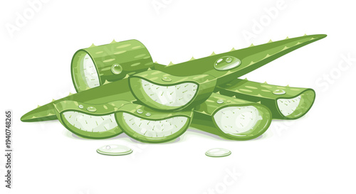 Multiple freshly cut green aloe vera leaves and distinct circular slices, each featuring clear water droplets, are neatly arranged on a clean white surface.