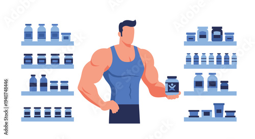 A strong, athletic man wearing a blue tank top stands confidently, holding a dark supplement container, positioned between two tall shelves stocked with numerous blue bottles.