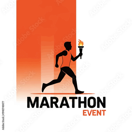 Dynamic Silhouette Of Marathon Runner Holding A Fiery Torch Emblem For Sporting Events