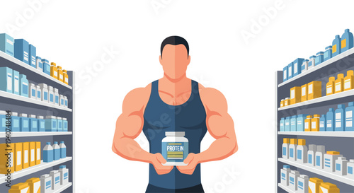 A powerful, athletic man in a dark blue tank top holds a white protein supplement jar, standing between two long aisles of shelves filled with various colorful product containers.