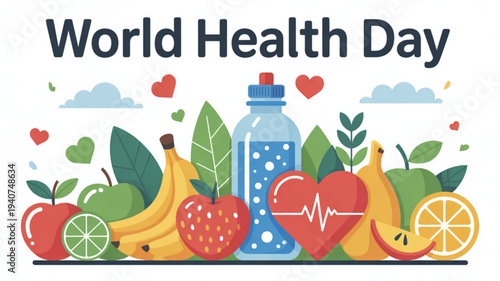 World health day illustration with fruit water bottle and heart symbol on white background with green leaves and red hearts