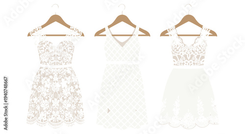 Three unique white short dresses, each adorned with distinct lace patterns and textures, are individually displayed on wooden hangers against a soft, light beige background.