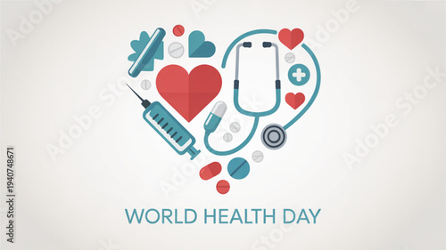World health day medical icons in a heart shape with stethoscope syringe and pills on a white background