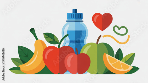 Fresh fruit and water bottle with heart symbols for healthy lifestyle and wellness concept