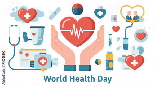World health day illustration with hands holding heart medical icons and health symbols
