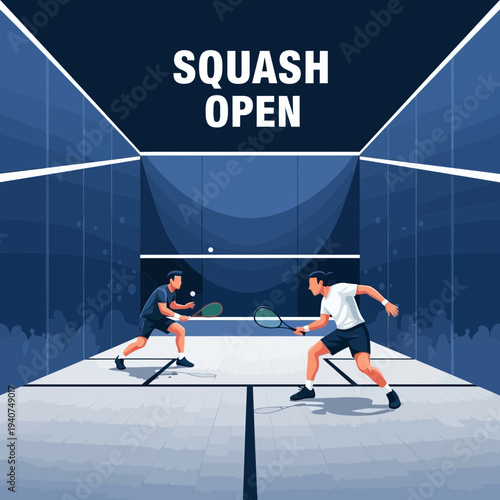 Dynamic Squash Match Illustration Capturing Action and Competition within a Professional Court
