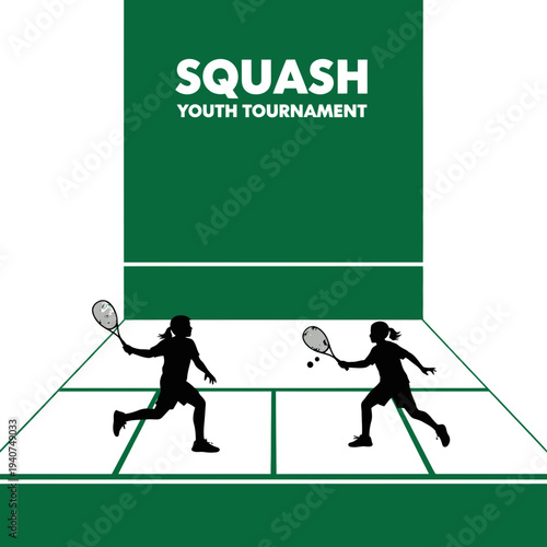 Dynamic Squash Match Illustration Capturing Youth Tournament's Energetic Competition and Action