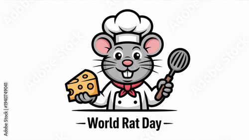 Cheerful cartoon rat chef holding cheese and spatula on world rat day with a friendly smile