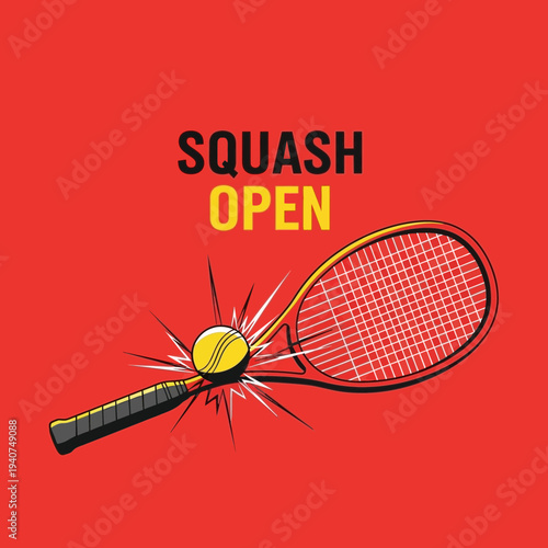 Dynamic Squash Open Emblem Featuring Racket and Ball on a Vivid Red Background