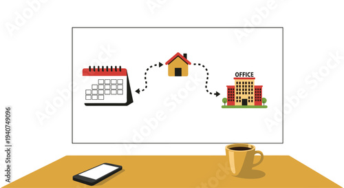 A screen displays a calendar, a house, and an office building connected by a dotted line, with a smartphone and coffee cup on a desk.