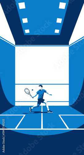 Dynamic Squash Player Executing a Powerful Forehand Shot in a Modern Architectural Space
