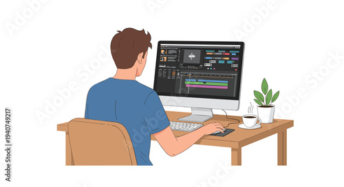 An illustrated individual in a blue t-shirt is actively engaged in video editing on a desktop computer at a simple wooden desk.