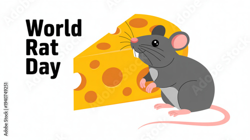 Gray cartoon rat sitting with big yellow cheese on world rat day celebrating rodents and dairy