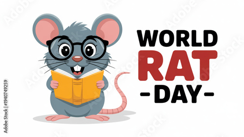 Cartoon rat wearing glasses reading book world rat day celebration