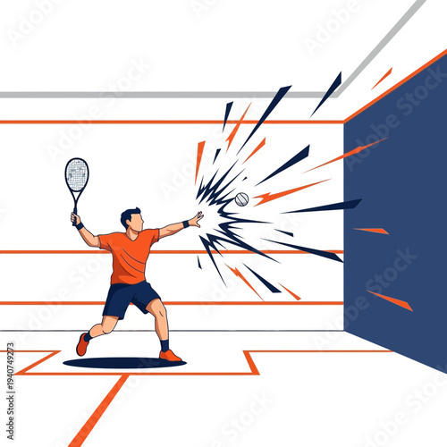 Dynamic Squash Player Executing a Powerful Stroke in a Vibrant Geometric Court Setting