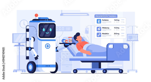 A medical robot delivers medication and supplies to a patient resting in a hospital bed, showcasing advanced healthcare technology and automated patient care.