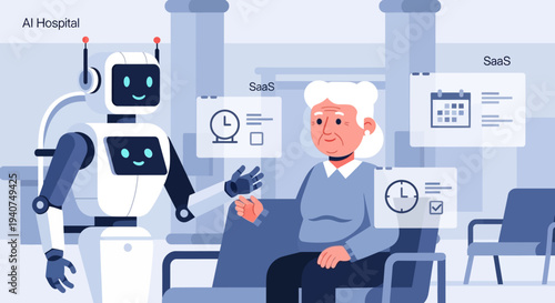 A friendly robot caregiver assists an elderly woman in an AI-powered hospital setting, showcasing healthcare technology and SaaS solutions.